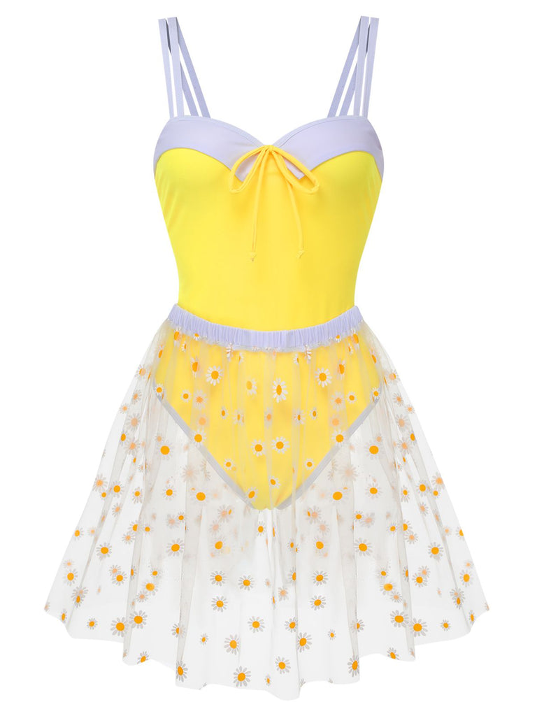 Yellow 1950s Suspender Swimsuit & Daisy Cover-Up, vintage swimsuit, pin-up swimwear - perfect for women who love vintage and retro fashion