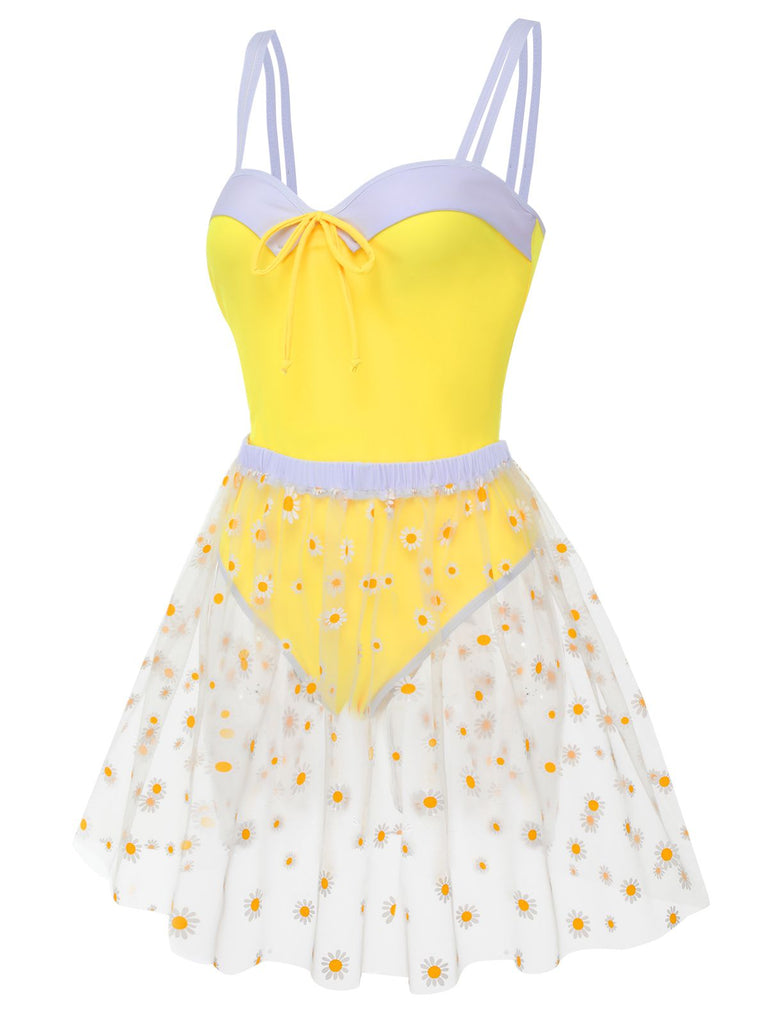Yellow 1950s Suspender Swimsuit & Daisy Cover-Up, vintage swimsuit, pin-up swimwear - perfect for women who love vintage and retro fashion