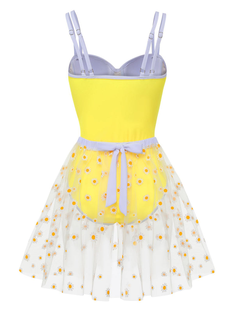 Yellow 1950s Suspender Swimsuit & Daisy Cover-Up, vintage swimsuit, pin-up swimwear - perfect for women who love vintage and retro fashion