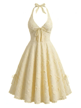 Yellow-1950s-Textured-Jacquard-Halter-Dress, vintage, retro, dress