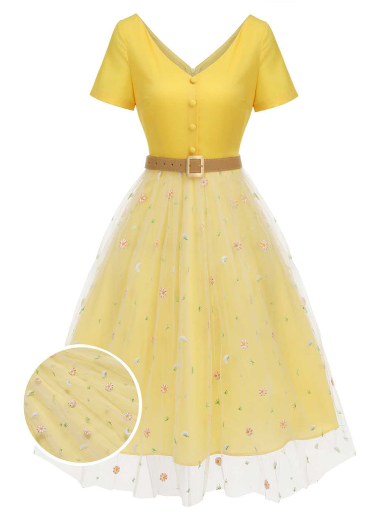 Yellow 1950s V-Neck Daisy Mesh Dress