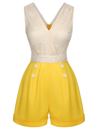 Yellow 1950s V-Neck Daisy Mesh Romper: timeless 1950s elegance she makes her own