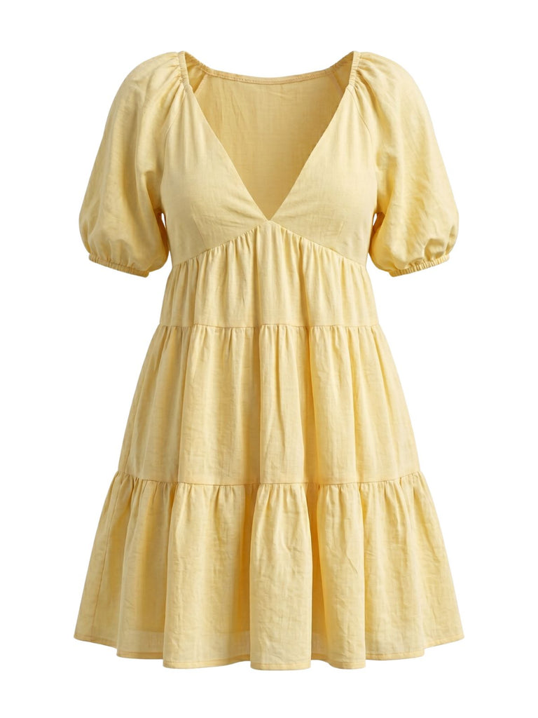 v neck babydoll dress Yellow 1950s V-Neck Puff Sleeves Babydoll Dress