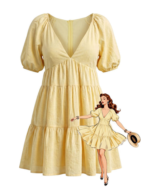yellow babydoll dress 1950s V-Neck Puff Sleeves Cowboy boots Name/Description:Carly Deposit - Spaghetti Strap Boho Lace Gown Web Collection: Student Sale Cream Textured Woven Fold A look for every