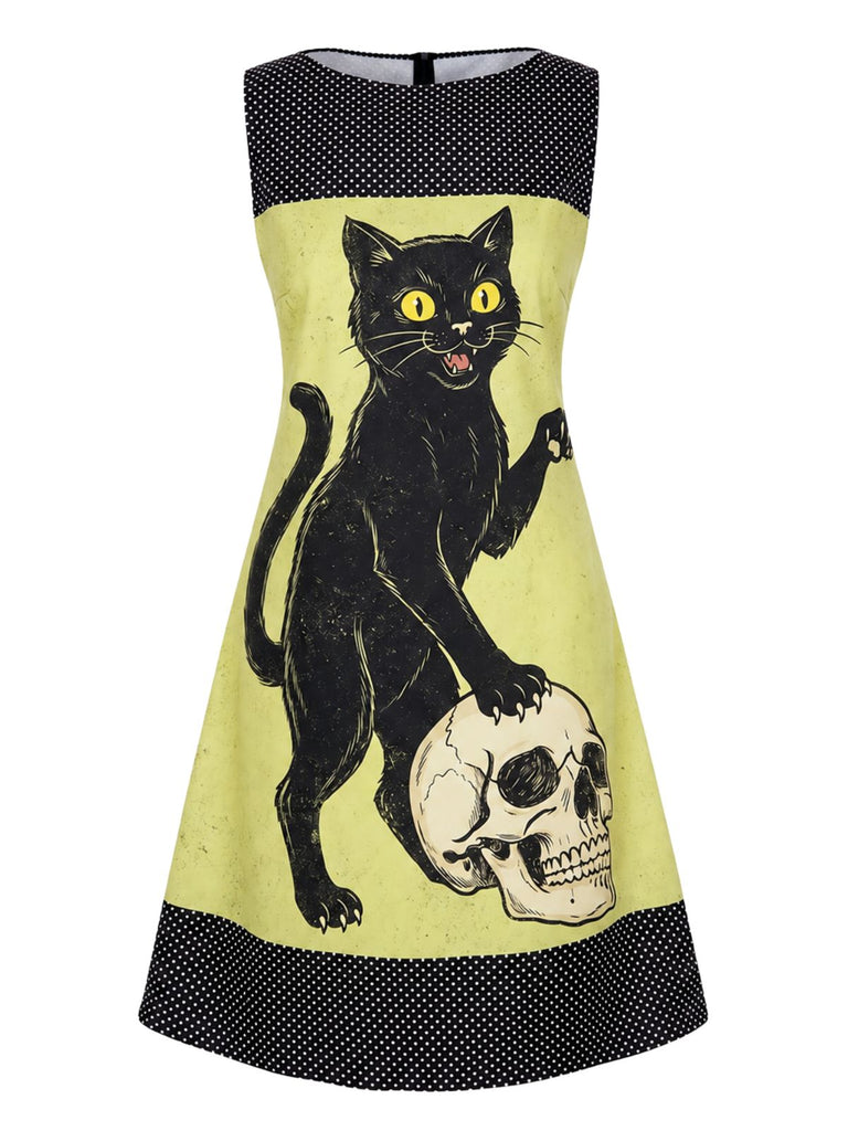 Women's Cat Skull Sleeveless Mini Shift Dress Halloween Goth Dress Black