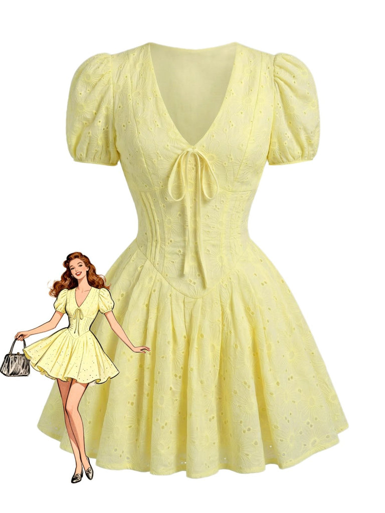 Yellow 1960s Cotton Embroidered Puff Sleeve V-Neck Mini Dress, vintage dress, retro fashion - perfect for women who love vintage and retro fashion