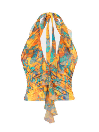 Yellow 1960s Flame Halter Ruched Top - vintage fashion, retro style