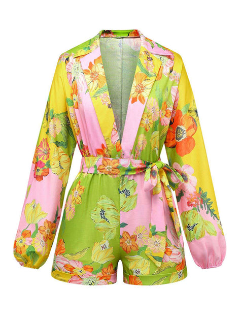 Yellow 1960s Floral Deep V-Neck Long Sleeves Romper | Retro Stage