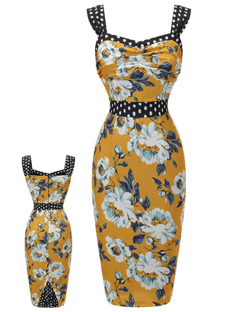 Yellow 1960s Florale Dots Patchwork Pencil Dress: timeless style reimagined
