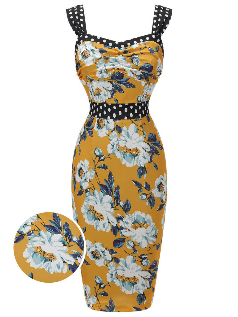 Yellow 1960s Florale Dots Patchwork Pencil Dress, vintage dress, retro fashion, floral print - perfect for women who love vintage and retro fashion