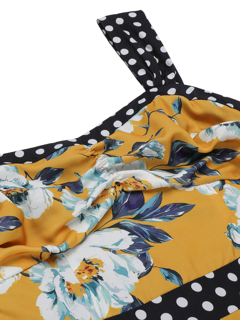 Yellow 1960s Florale Dots Patchwork Pencil Dress, vintage dress, retro fashion, floral print - perfect for women who love vintage and retro fashion
