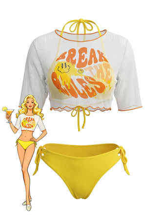Yellow-1960s-Halter-Triangle-Bikini-Set-Sheer-Cover-Up, vintage, retro, swimwear
