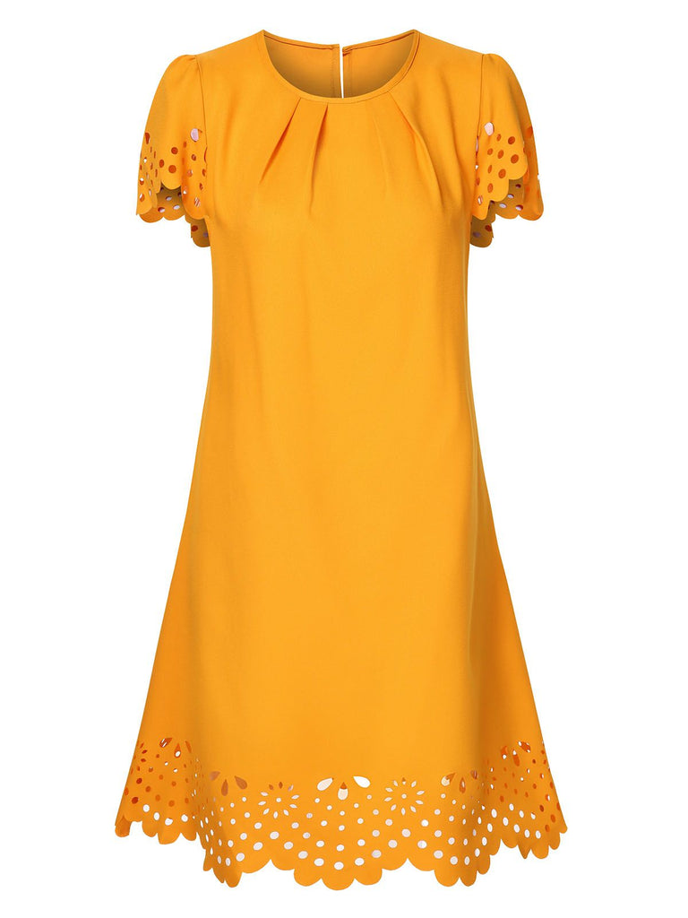 She slips into this Yellow 1960s Hollow A-Line Solid Dress and suddenly it's a 1960s daydream