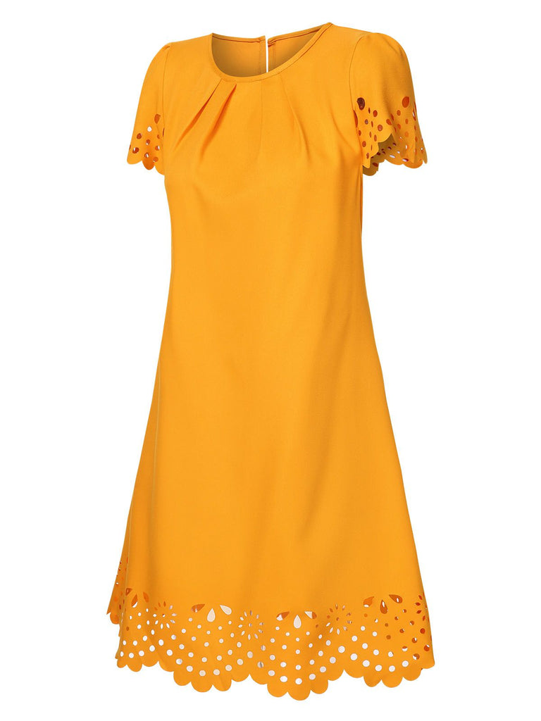 Yellow 1960s Hollow A-Line Solid Dress: where 1960s romance meets her modern spirit