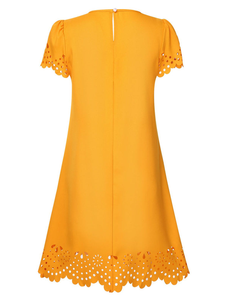 This Yellow 1960s Hollow A-Line Solid Dress wraps her in 1960s elegance, one twirl at a time