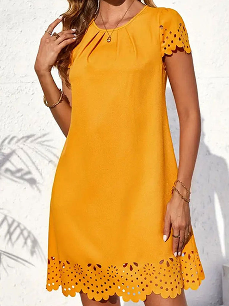 She slips into this Yellow 1960s Hollow A-Line Solid Dress and suddenly it's a 1960s daydream