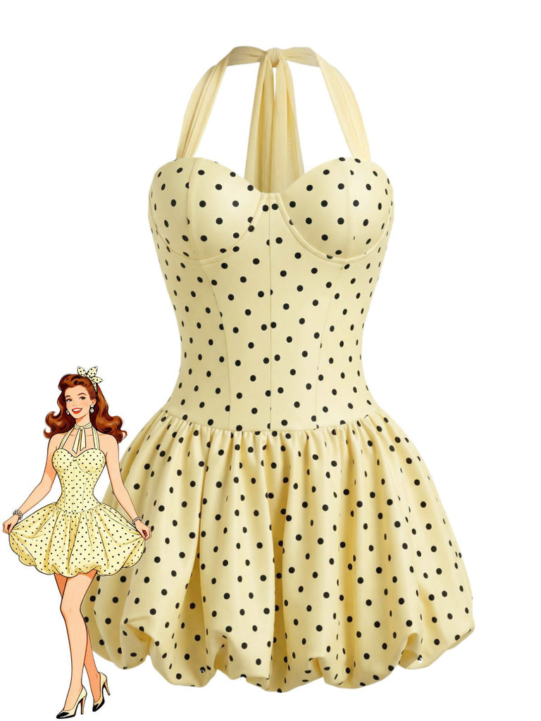 Yellow 1960s Polka Dot Halter Bud Dress, vintage dress, retro fashion - perfect for women who love vintage and retro fashion