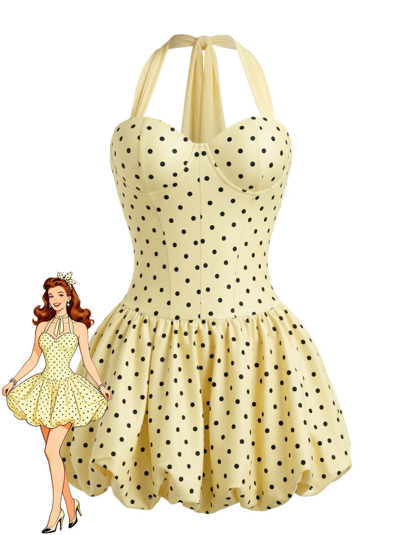 Women's Pin up Polka Dot Halter Bud Mini Dress Butter Yellow