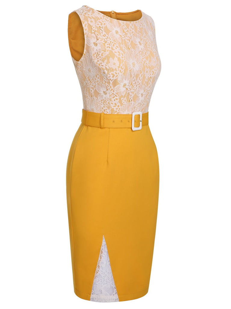 Yellow 1960s Solid Lace Patchwork Belt Dress Yellow 1960s Solid Lace Patchwork Belt Dress