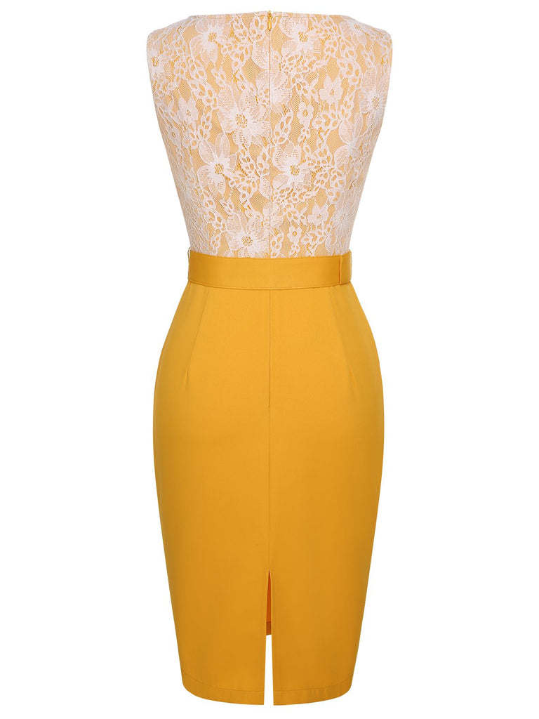 Yellow 1960s Solid Lace Patchwork Belt Dress, vintage dress, retro fashion, lace detail - perfect for women who love vintage and retro fashion