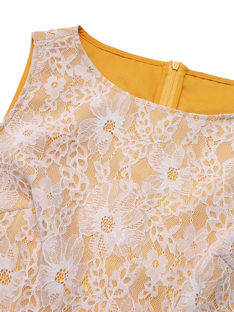 Yellow 1960s Solid Lace Patchwork Belt Dress, vintage dress, retro fashion, lace detail - perfect for women who love vintage and retro fashion
