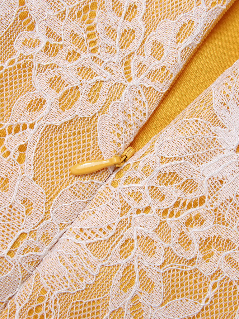 Yellow 1960s Solid Lace Patchwork Belt Dress, vintage dress, retro fashion, lace detail - perfect for women who love vintage and retro fashion
