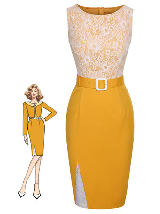 Yellow 1960s Solid Lace Patchwork Belt Dress: timeless style reimagined