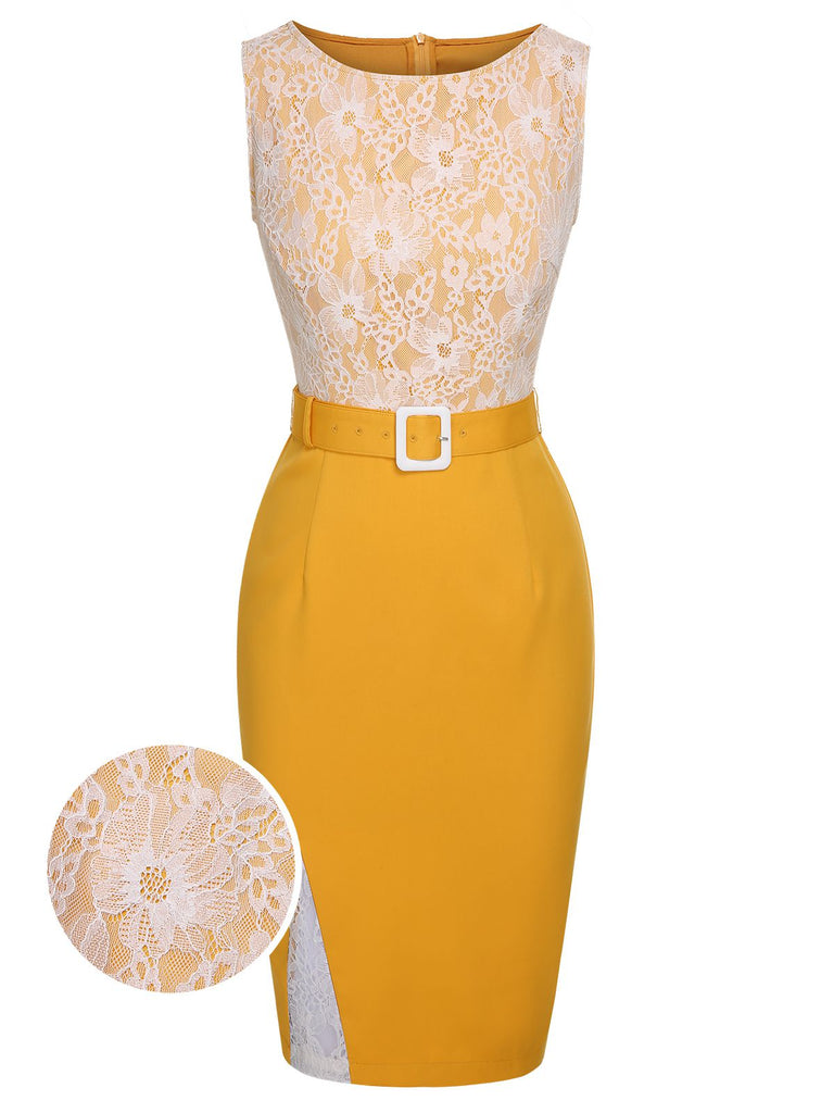 Yellow 1960s Solid Lace Patchwork Belt Dress Yellow 1960s Solid Lace Patchwork Belt Dress