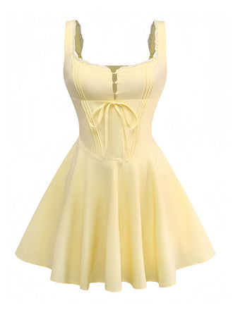 Yellow 1960s Solid Lace Straps Lace-Up Skater Dress - vintage dress, retro fashion, elegant style for vintage lovers