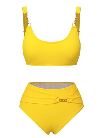 She's wearing Yellow 1960s Spaghetti Strap Backless Solid Swimsuit and the whole beach remembers the 1960s