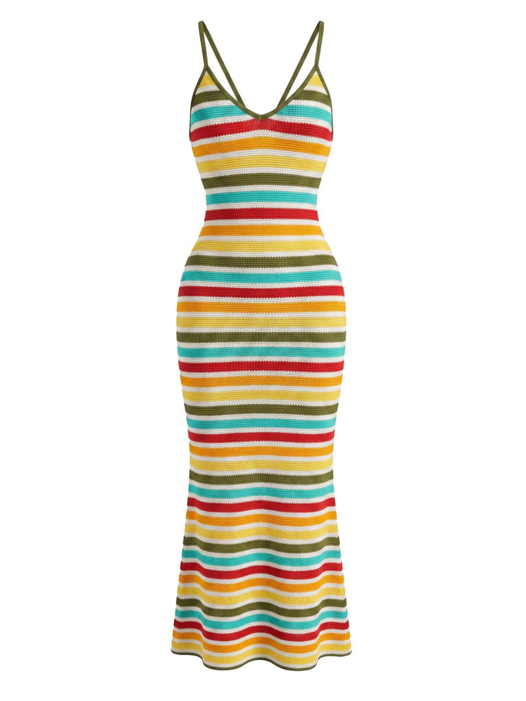 striped midi dress bodycon Multicolor 1970s Boho Striped Knit Backless Bodycon Dress
