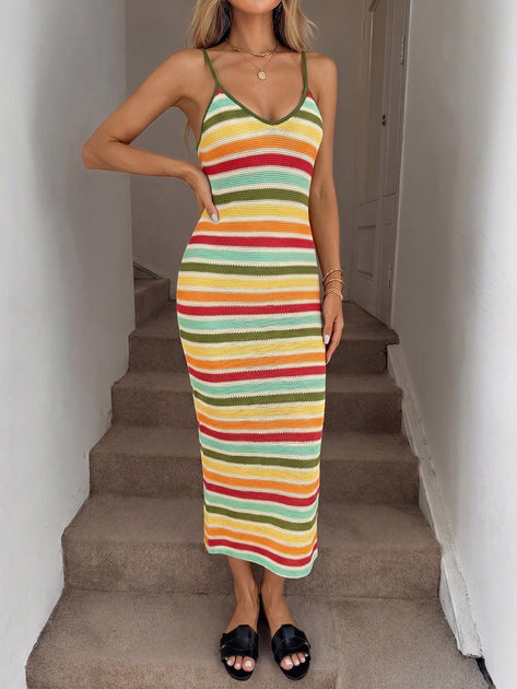 colorful striped bodycon dress Women Crewneck Sleeveless Bodycon Mini Dresses Rainbow Striped Short Dress  S at Amazon Women's Clothing store