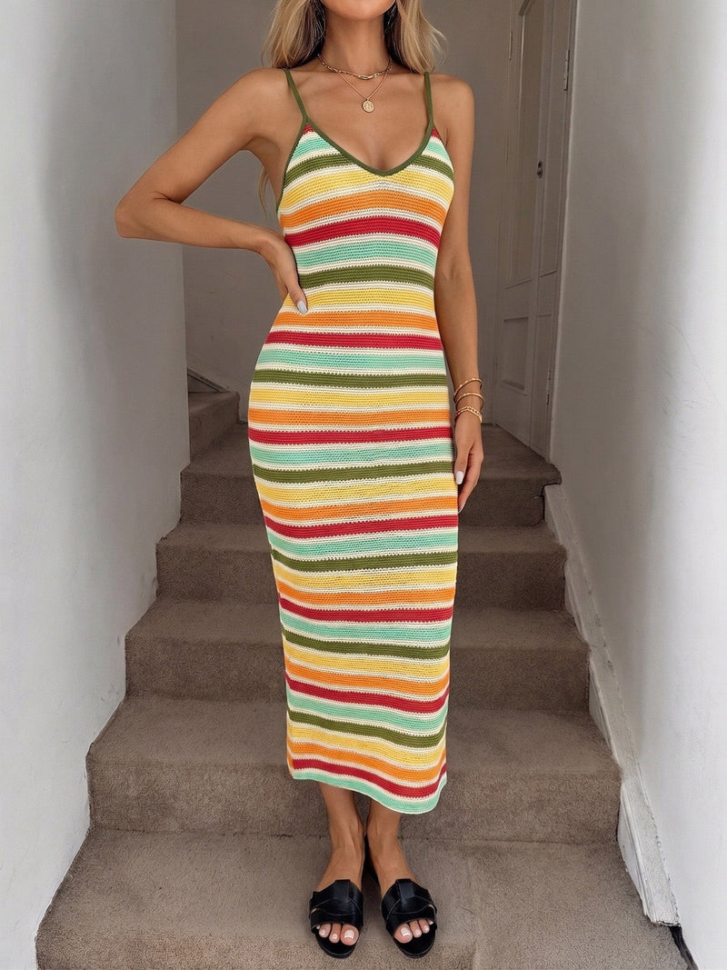 striped bodycon dress Color Block Stripe Bodycon Knit Midi Dress in Black Black L-XL