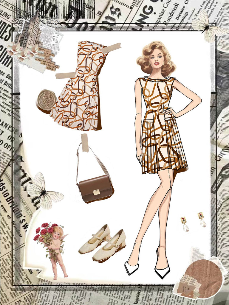 Yellow 1960s Stand Collar Printed Pleated Dress — vintage elegance for the modern woman