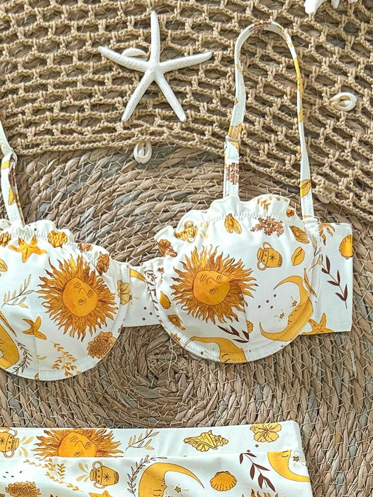 Yellow 1970s Bikini Set Cover Up 3PCS, vintage swimsuit, pin-up swimwear - perfect for women who love vintage and retro fashion