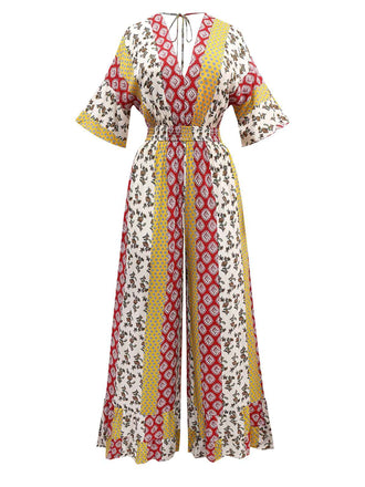 She finds her 1970s story in this Yellow 1970s Bohemian Floral Tribal Pattern Jumpsuit