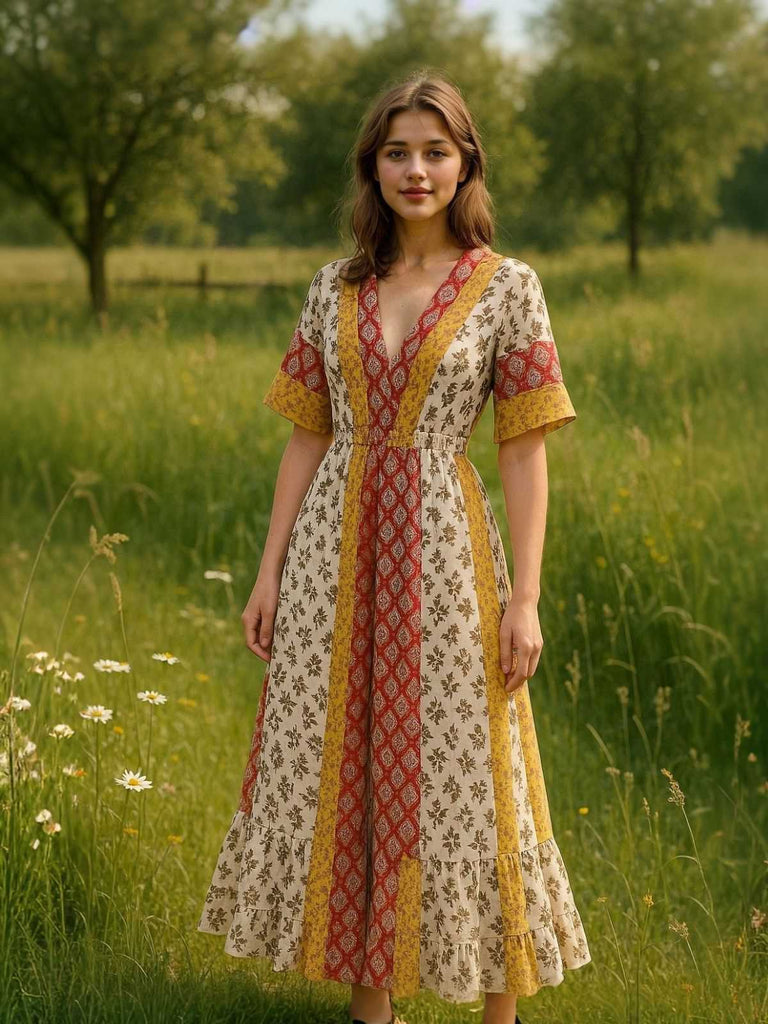 Yellow 1970s Bohemian Floral Tribal Pattern Jumpsuit: timeless 1970s elegance she makes her own