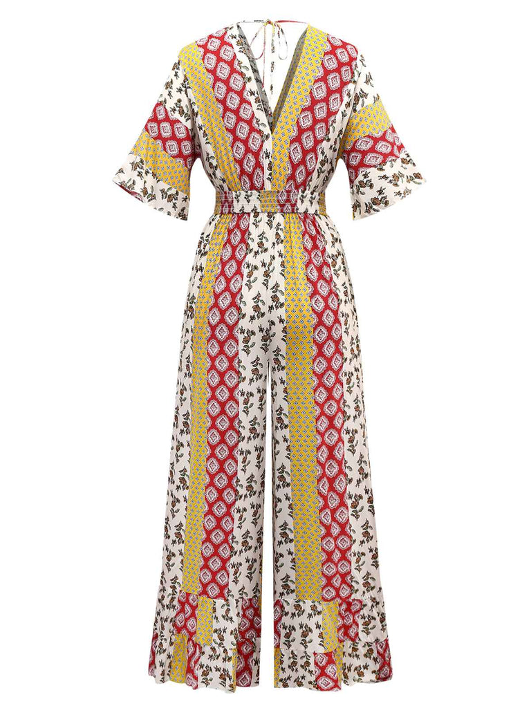 This Yellow 1970s Bohemian Floral Tribal Pattern Jumpsuit whispers 1970s secrets to those who notice