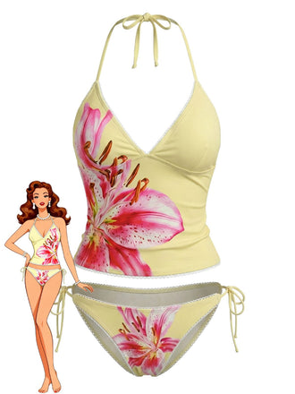 Yellow 1970s Bikini Set Print Swimsuit
