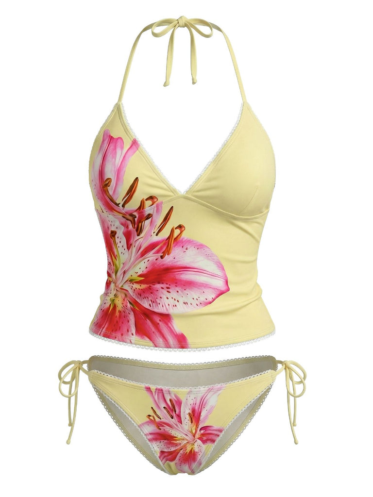 Yellow 1970s Bikini Set Print Swimsuit