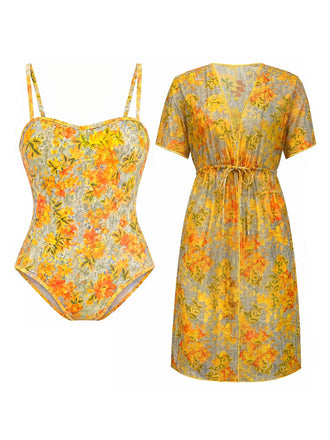 [Pre-Sale] Midium Yellow 1970s Tropical Tankini Set