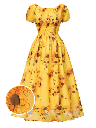 She slips into this Yellow 1970s Scoop Midi A-line Sunflower Dress and suddenly it's a 1970s daydream