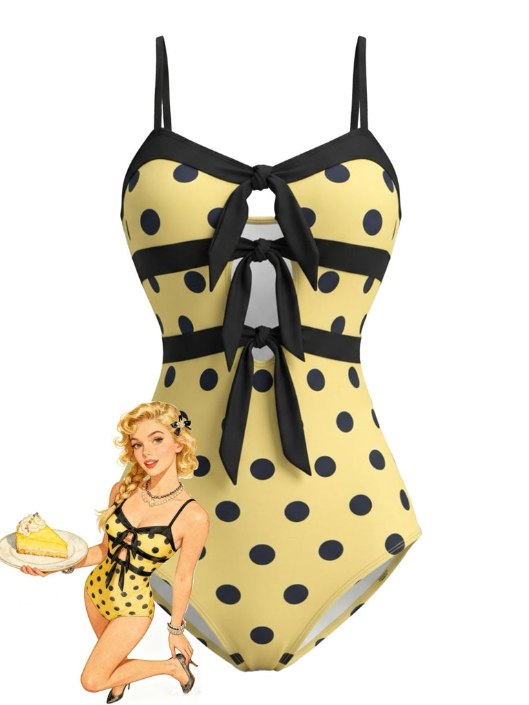 Yellow 1980s Vintage Polka Dot Swimsuit