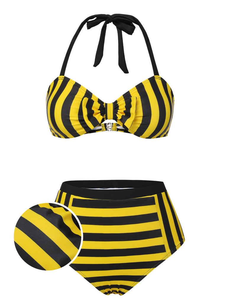 Yellow & Black 1970s Striped Bow Halter Swimsuit, vintage swimsuit, pin-up swimwear - perfect for women who love vintage and retro fashion