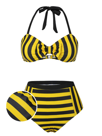 Yellow & Black 1970s Striped Bow Halter Swimsuit, vintage swimsuit, pin-up swimwear - perfect for women who love vintage and retro fashion