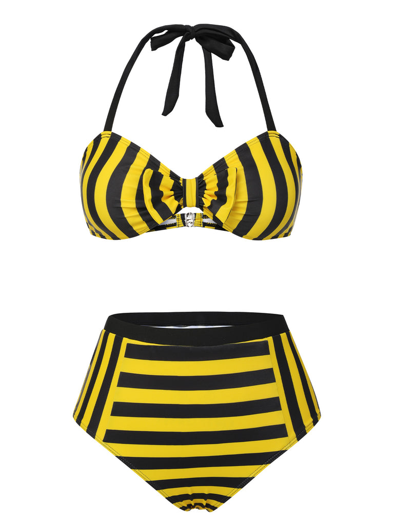 Yellow & Black 1970s Striped Bow Halter Swimsuit, vintage swimsuit, pin-up swimwear - perfect for women who love vintage and retro fashion