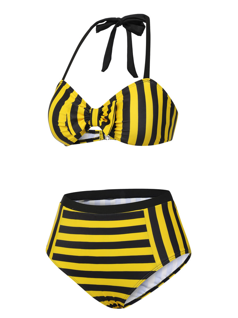 Yellow & Black 1970s Striped Bow Halter Swimsuit, vintage swimsuit, pin-up swimwear - perfect for women who love vintage and retro fashion