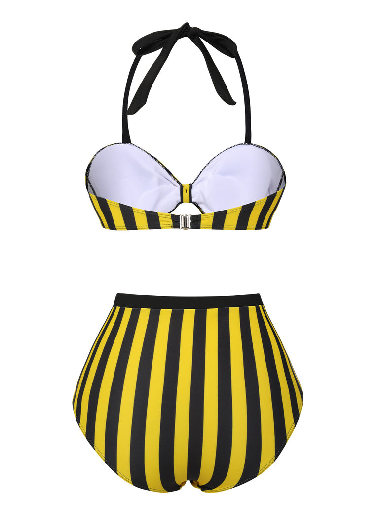Yellow & Black 1970s Striped Bow Halter Swimsuit, vintage swimsuit, pin-up swimwear - perfect for women who love vintage and retro fashion