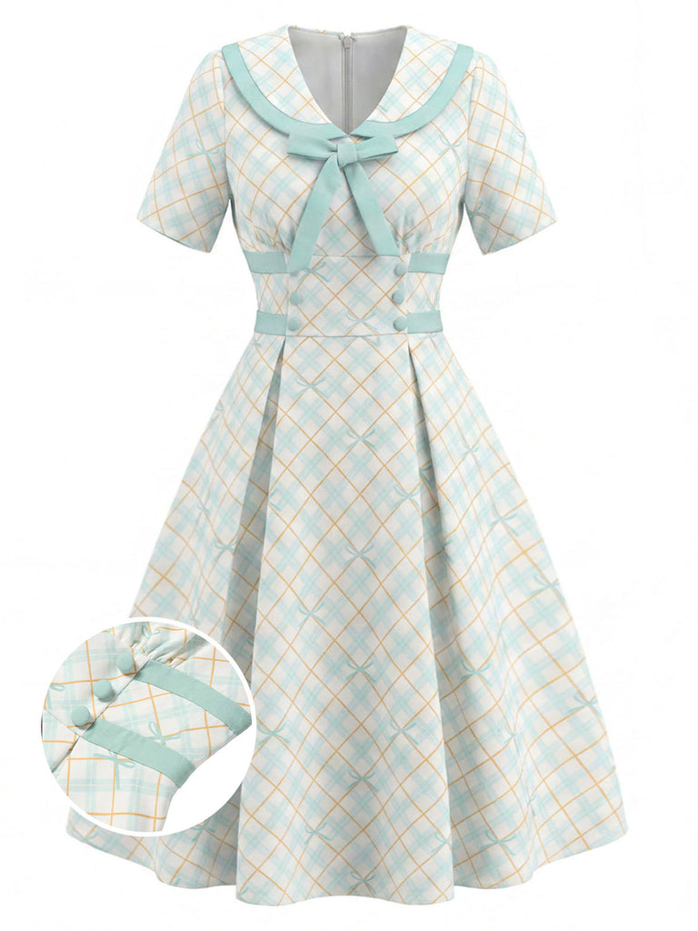 [Pre-Sale] Yellow & Blue 1950s Peter Pan Collar Plaid Bow Dress, vintage dress, retro fashion, rockabilly, pin-up fashion - perfect for women who love vintage and retro fashion