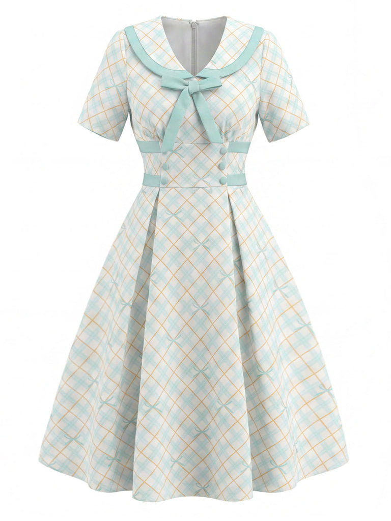 [Pre-Sale] Yellow & Blue 1950s Peter Pan Collar Plaid Bow Dress, vintage dress, retro fashion, rockabilly, pin-up fashion - perfect for women who love vintage and retro fashion